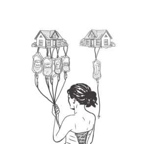 A Caricature of a lady with two Balloons which look like houses, one has more strings of "reponsibility" than the other, for an article by Janine White, Culture Columnist at Houghton & Mackay