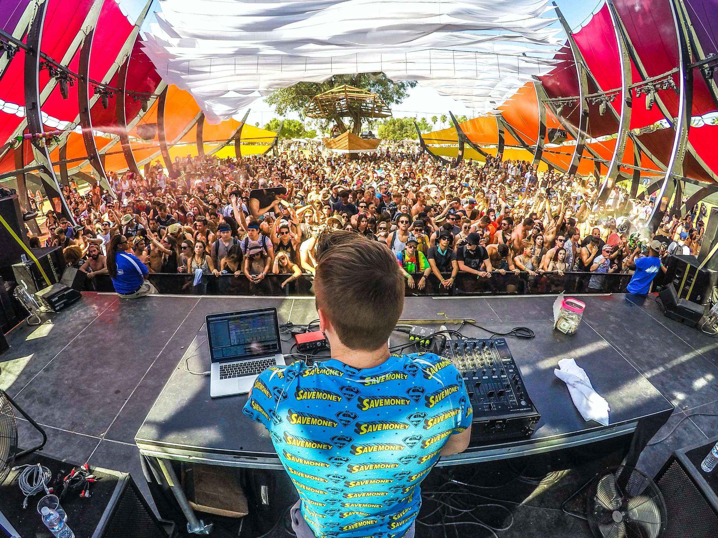 Crowd gathers in front of a DJ at a music festival