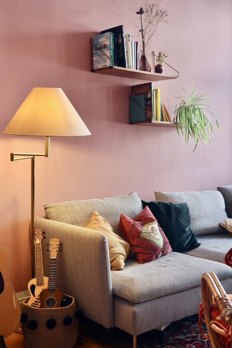 View of luxury living room, book shelf, lamp and spider plant