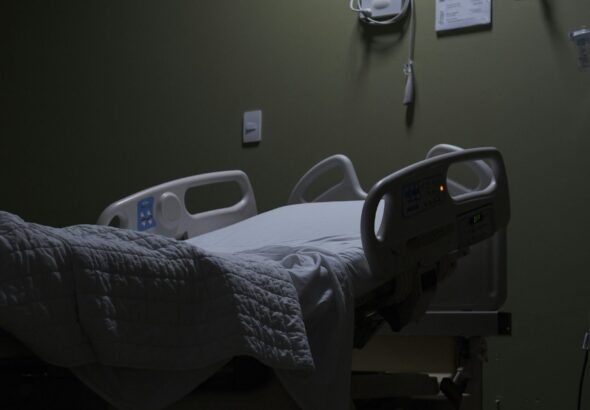 A hospital bed in surreal settings.